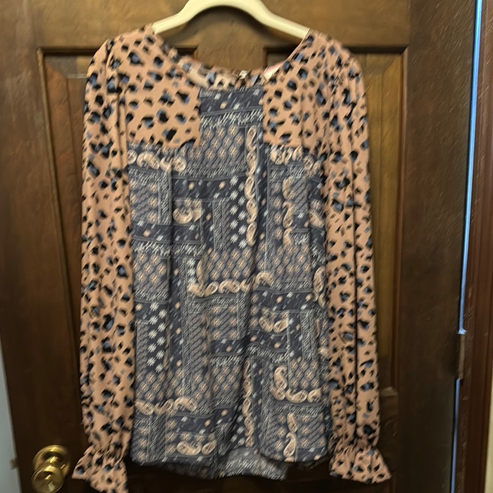Andree Blue and White Ruffled Long Sleeve Blouse
